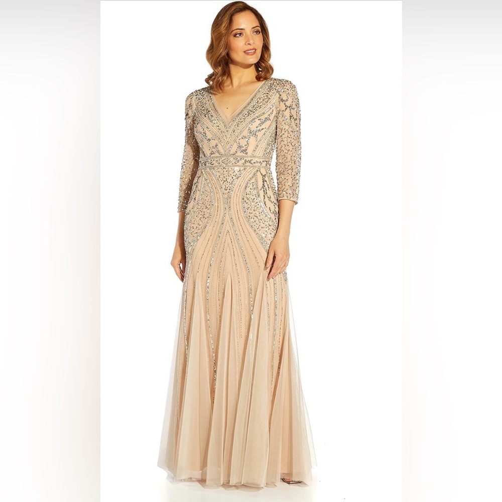 Adrianna Papell Women's Embellished 3/4-Sleeve V-Neck Gown Size 12